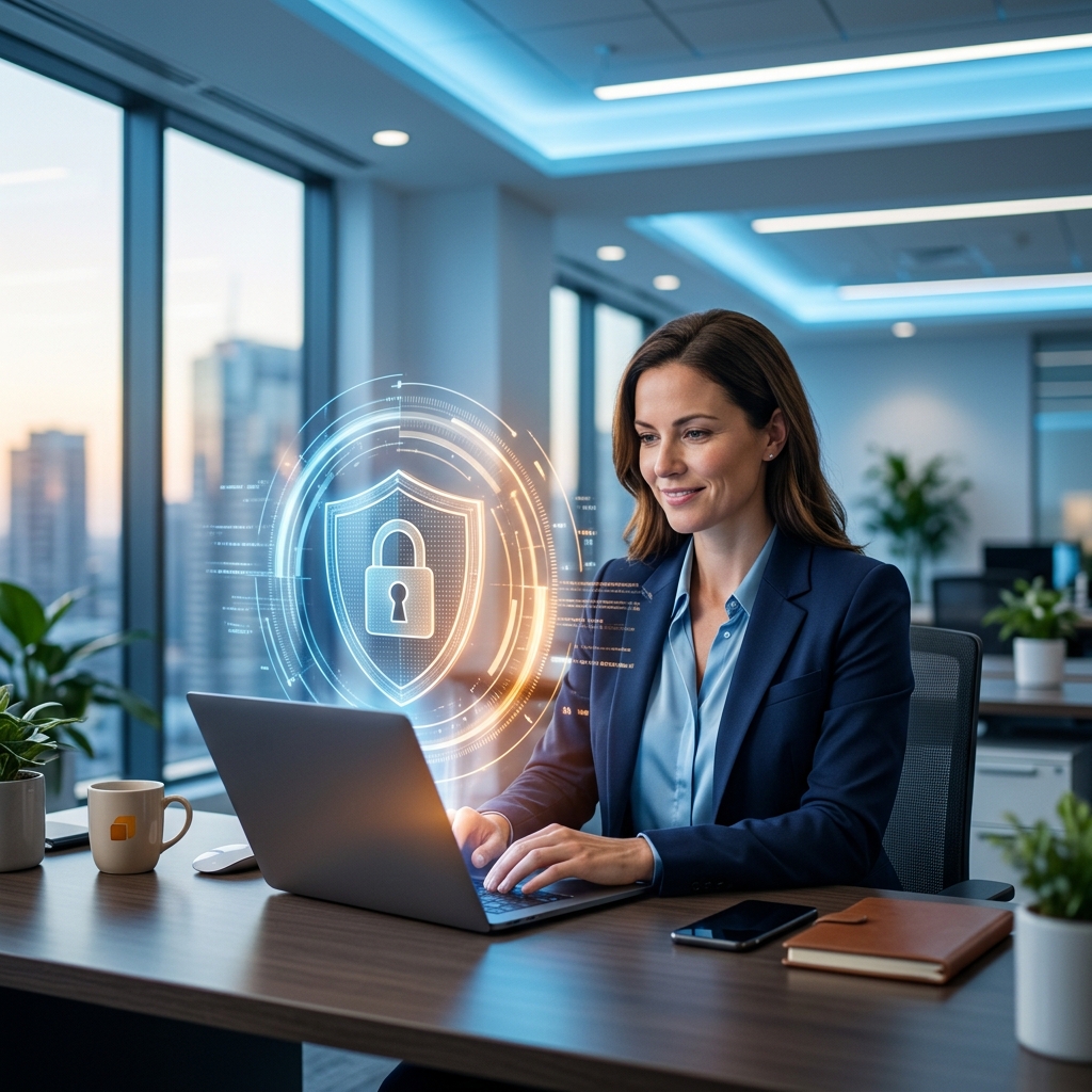 Profissional em ambiente corporativo utilizando certificado digital para assinatura segura de documentos
